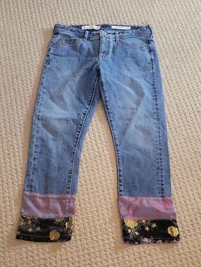 Anthropologie Blue Jeans with Pink and Black Floral Cuffs